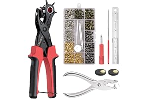 CAMWAY Ensemble d’Appareils à Trous Perforateurs Pince Perforatrice Rotative pour Cuir 6 Tailles + 240 Rivets à Double Capuchon pour Bracelets de Montres, Colliers de Chien, Chaussures, Tissus, Papier