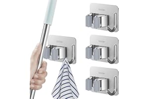 Larkumio Besenhalter zur Wandbefestigung, 4-teilig, aus Edelstahl, für Besen, Wandmontage, ohne Bohren, für Badezimmer, Küche, Garten, Garage, Schrank (Silber)