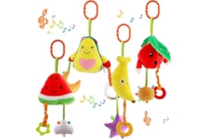 KAKIBLIN Lot de 4 hochets à suspendre pour siège de voiture, poussette, jouets couineurs doux pour bébé, nouveau-né, bébé, lit, berceau, activités de voyage, banane et avocat