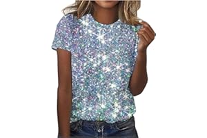FUNALOE Sparkly Print Tops for Women UK Ladies Tunics Ladies Sparkly Tops Short Sleeve Tunics Shirts Loose Summer Clothes for Women Ladies Round Neck Tunic Blouse Glitter Print T-Shirts Plus Size