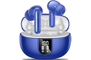 Monyhigh Auriculares Inalámbricos Bluetooth 5.3, 2024 Cascos Inalambricos Bluetooth HiFi Estéreo Pantalla LED, 48H Auriculares in Ear Control ENC Cancelación de Ruido IP7 Impermeables Azul