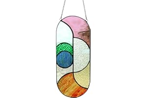 Karhuimoyi Geometric Design Style Suncatchers Stained Glass Window Panel,Beautiful Fairshaped Tiffany Style Stained Glass Window Hanging with Chain (Flowing color)