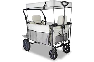 TOPWELL Folding Wagon, Portable Camping Cart, Collapsible Foldable Trolly with Quick-release Big Wheels, Collapsible Pull along Wagon 265LB, 2 Seats, Adjustable Handle (Beige)