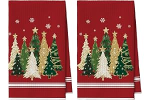 Artoid Mode Czerwone drzewa, gwiazdy, płatki śniegu, Boże Narodzenie, do baru, ręczniki kuchenne, ściereczki do naczyń, 42 x 65 cm, z mikrofibry, chłonne, do czyszczenia, dekoracja, zestaw 2 sztuk