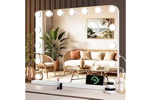 ‎CLEVICH Clevich Hollywood Schminktischspiegel mit Beleuchtung, Schminktisch Spiegel Mit 15 LED und 3 Lichtfarben, Kosmetikspiegel mit Touch-Steuerung, USB-Ausgang und 10-facher Lupe, 50 x 40cm Weiß