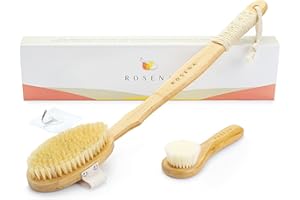 ROSENA Brosse à sec pour le corps pour rajeunir la peau - Brosse à dos - Stimule le drainage lymphatique et minimise la cellulite - Poils de sanglier 100% naturels avec manche amovible - Brosse exfoliante