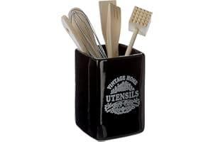 Premier Housewares - Utensilios de Cocina con Soporte Cuadrado, (Estilo Antiguo), Color Negro con Texto en Ingles, cerámica - Gama Vintage Home