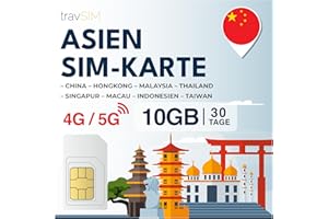 travSIM Asien SIM Karte | 30 Tage - 10GB | SIM-Karte Asien, Nutzung in Macau, China, Hongkong, Malaysia, Thailand, Singapur & mehr | Zugang zu Google, Facebook, Whatsapp & mehr | Keine Roamingkosten