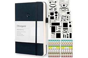 Ottergami Bullet Journal Pointillé | Carnet de Notes | Pochoirs, Autocollant et Porte-Stylo | 100gsm Papier Contre les Bavures | The Essential - Noir
