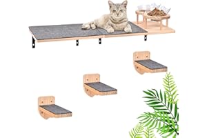 WUUDI Wand montierte Katze Hängematte Katze Wandregale mit 2 Katze Nahrung Schalen und 3 Schritte, 2pc Katze Sitzstangen mit Filz bedeckt, Katze Möbel für Wand, hölzerne Katze kletternde Regal mit Katze füt