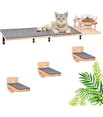 Pawchop Cat Wall Climbing Set - 4 Piece Cat Shelves With Scratching Post, Hammock & Steps, Beige Cat Wall Furniture For Indoor Cats