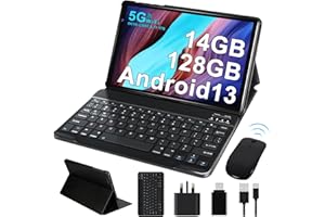 RUZAVA 2024 Newest Tablet 10 Inch Tablet Android 13 14GB RAM 128GB ROM (TF 1TB), Octa Core 2.0 GHz, 5G WiFi, Bluetooth 5.0, 8000mAh, 5MP + 8MP, FHD IPS Display, Tablet with Keyboard Mouse Case - Grey