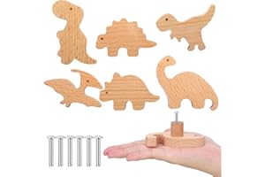Qunclay Lot de 6 boutons d'armoire décoratifs en bois avec vis, poignées de commode, boutons de commode, boutons de meubles, poignées de tiroir de chambre d'enfant (dinosaure)