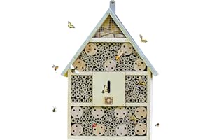 Gardenesque 40cm Hanging Four Floor Wooden Insect Hotel with Metal Roof and Hook for Hanging, Bees and Bug Hotel - L28.5 x W9 x H39 cm