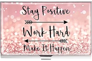 OffiEase Business Card Holder Case for Women, Metal Pink Work Hard Print Small Pocket Carrier Wallet For Purse Travel Office Portable Gifts For Realtor