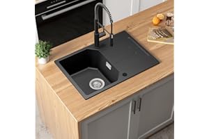 ANYCEE Fregadero Negro 65x45 cm, Fregadero Granito Negro con Escurridor para Mueble Bajo 40 Cm