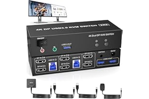 YEEMIE PRO USB 3.0 Displayport KVM Switch 2 PC 2 monitor, 4K@60Hz Switch KVM DP Dual Monitor 2 In 2 Out e 2 USB 3.0 Supporta Controllo in Linea e Adattatore di Alimentazione inclusi