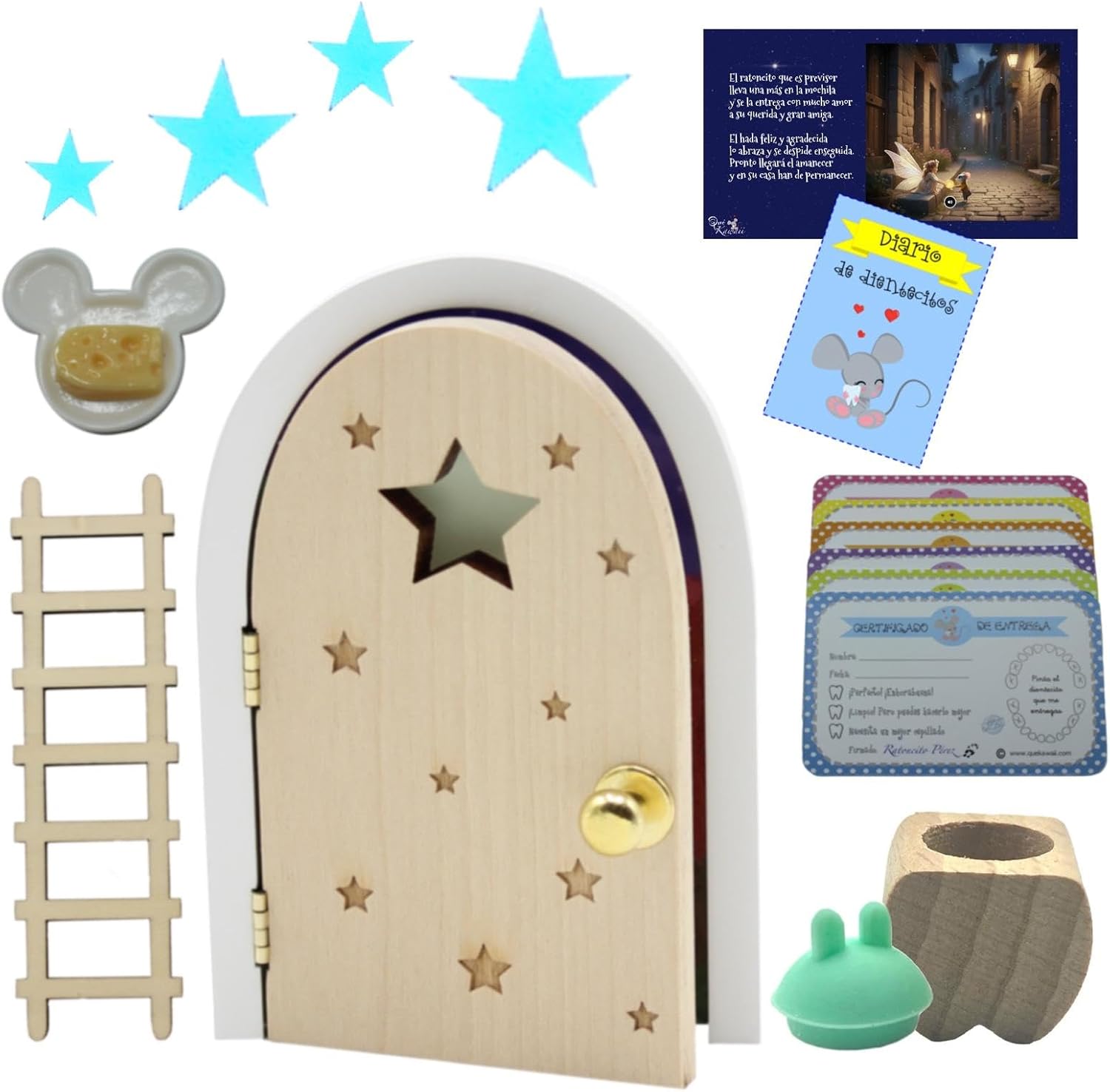 Qué Kawaii® ORIGINAL Kit ratoncito Pérez MÁGICO. Puerta NATURAL de ABETO QUE ABRE Y BRILLA EN LA OSCURIDAD!!!.. + caja guarda dientes de haya+complentos+certificados. GRATIS CUENTO + DIARIO
