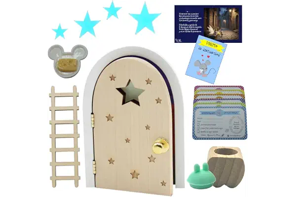 Qué Kawaii® ORIGINAL Kit ratoncito Pérez MÁGICO. Puerta NATURAL de ABETO QUE ABRE Y BRILLA EN LA OSCURIDAD!!!.. + caja guarda dientes de haya+complentos+certificados. GRATIS CUENTO + DIARIO