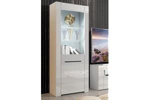 Furneo Milano 09 – White Display Cabinet, High Gloss Front & Matt Body, White LED Lights