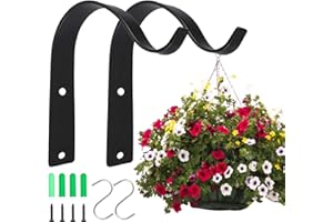 SONEER Heavyduty Wall Hanging Basket Brackets, 2 Pcs Outdoor Iron Black Arc bracket hook for Hanging Planter Lantern Bird Feeder(with S Hooks and Screws)