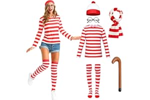 Maryparty Wally Costume Set Long Sleeve Red & White Stripe Top + Red & White Bobble Hat + Black Nerd Glasses Fancy Dress Costume Set for World Book Day