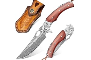 LOTHAR KRAKEN Couteau de Poche, Couteau Pliant Damas en 67 Couches d'Acier Damassé VG10, Couteau de Poche Damas Avec Lame Tranchante et Manche en Bois (Bois de Rose)