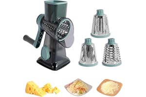 JOKAPY Rotary Cheese Grater, Stainless Steel Round Vegetable Slicer with 3 Drums Blades Vacuum Suction Base, Drum Grater Chopper Drum Vegetable Cutter Non-Slip Detachable for Cheese Potato Zucchini Nuts