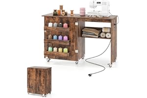 GIANTEX Armario de Costura Plegable con 5 Ruedas, Mesa de Coser con Estación de Carga, 3 Compartimentos y 1 Estante Abierto, para Dormitorio, Salón y Estudio (Marrón, 116x41x78cm)