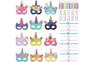 Firtink 12 Stücke Einhornmasken Kinder Bastelset, Leer Unicorn Papiermasken 12 Farbigen Stiften 12 Einhorn Silikonarmband für Halloween Weihnachten Geburtstag Bühnenaufführungen Thema Party