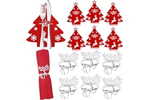 HOWAF 6 Servilleteros de Reno de Navidad + 6 Portacubiertos Árbol de Navidad, Plata Servilleteros de Alce Hebilla de Servilleta de Reno Bolsitas para Cubiertos de Navidad para Navidad Table Decorative