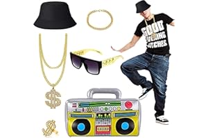 Joyday Store 80s 90s Hip Hop Fancy Dress Costume Kit Gangster Costume, Rapper Accessories Bucket Hat Dollar Sign Necklace Sunglasses Gold Bracelet Ring Outfits Disco Theme Up Party, 23x15x2cm