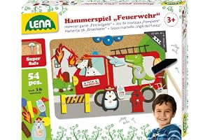 Lena 65836 – Hammarspel brandkår, nagelspel med 38 färgade delar och 16 specialdelar, XXL basplatta av kork ca 28 x 19,5 cm, hammare och naglar, knackspel för barn från 3 år, hammarspel