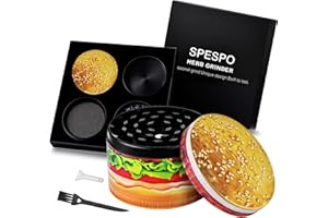 Spespo Grinder, Trita Erbe Metallo 63mm - Macinatore Spezie a 4 Strati con Stampa 3D Cibi Realistici | Include Raschietto & Spazzola | Confezione Regalo Nera (Hamburger)