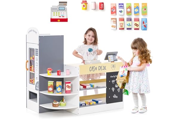 COSTWAY Épicerie Enfants en Bois avec 15 Accessoires & Distributeur Automatique, Marchande Enfants avec Caisse Enregistreuse Réaliste & Tableau Noir, Jeu d’Imitation pour Enfants de 3-8 Ans (Blanc)