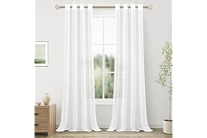 MRTREES Cortinas de Dormitorio Comedor Salon Cocina Habitacion 2 Piezas 140×245cm Visillos Blancos Translúcidas Modernas de Lino Aspecto con Ojales para Ventanas Sala para Niños Sala Cuarto Baño