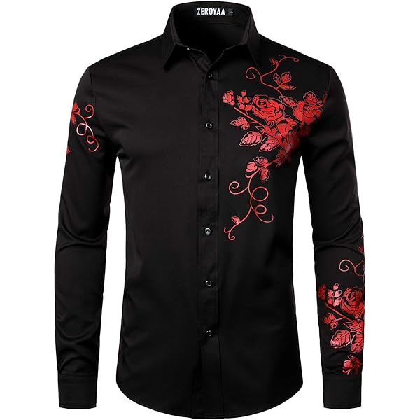 ZEROYAA Men's Luxury Paisley Dress Shirt - Black Gold Shiny Floral Print Button Down For Party & Prom, Large