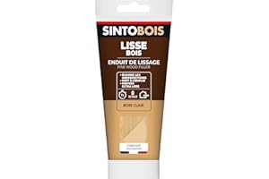 SINTOBOIS - Enduit de Lissage Extra Fin - Lisse le Bois - Prêt à l'Emploi - Sec en 2h - Ponçage Facile - Sans Odeur - Usage Intérieur/Extérieur - Teinte Bois Clair - Technique Professionnelle - 250g