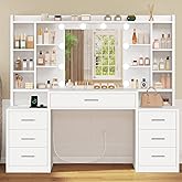TEENFON Makeup Vanity with LED Light and Spiegel, Makeup Vanity with Drawers and Open Shelves, Makeup Table with Plugs, White