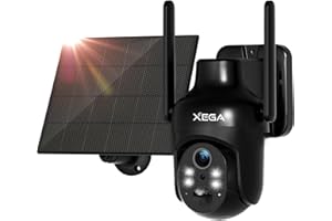Xega Wi-Fi Telecamera Solare Esterno Senza Fili, HD PTZ Telecamere con Pannello Solare Batterie, Visione Notturna a Colori, Rilevamento Umano PIR, Audio a 2 Vie, IP66, 2,4GHz