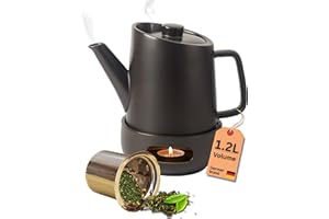 DEKAZIA® Teiera in ceramica con filtro e scaldavivande - Grande teiera per tè sfuso, 1,2 litri in porcellana, con filtro in acciaio inox e supporto per tealight, gres nero