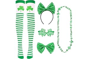 Qpout 5pcs Accessoires de la Saint-Patrick, Bandeau irlandais de la Saint-Patrick,nœud papillon,chaussette Shamrock, collier,monture de lunettes,fournitures de fête de la Saint-Patrick défilés Costume