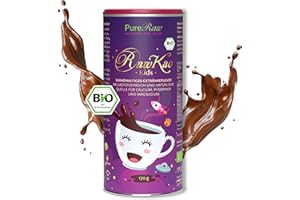 ‎PURERAW RawKao Kids Trinkschokolade ohne Zucker mit Carob Kakao Yacon Lucuma Maca (Bio Roh Vegan) Heiße Schokolade Schokomilch Superfood Getränkepulver - Cocoa Powder Cacao Drink Mix I PureRaw 170g