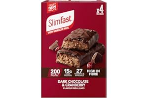 SlimFast Dark Chocolate & Cranberry Meal Bar, 15 g Protein, 200 Calories, 27 Vitamins & Minerals, Meal Replacement for Weight Management or High-Protein Snack for Work, Gym & Travel, 4x60 g