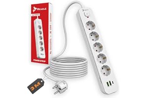 Reagle Grenuttag 5 Uttag 230V med USB, Förlängningssladd 3M, 2x USB-A 1x USB-C, Eluttag med Strömbrytare, 2500W, Överspänning