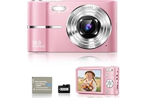 EJXHKNF Digital Camera, 1080P FHD Vlogging Camera 50MP Compact Portable Photo Camera with 2.4" Screen, 16X Digital Zoom Mini Small Pocket Camera for Kids Students with 1 Battery, 32GB Card (Pink)