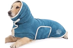 PETTOM Hundebademantel, Bademantel Hund mit Hohem Kragen, Hundebademantel für Große Mittelgroße und Kleine Hunde, Hunde Bademantel Mikrofaser mit Klettverschluss (Blau, M)