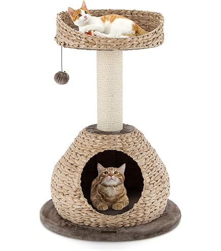 COSTWAY 120 cm krabpaal van hout, kattenboom met hangmat, 14,5 cm dikke stam, 3 platforms, sisal-tapijt en krabpaal, kleine kattenkrabpaal voor