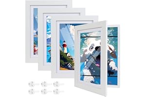 Sleeleece 4 Stück Bilderrahmen Kinderzeichnungen A4,Kunstfotorahmen für Kinder,Weiß Aufklappbar & Frontöffnung,für bis zu 150 Zeichnungen,Ideal für Kunstprojekte, Kinderzimmer & Schule