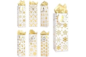 DIYASY Christmas Kraft Wine Bags, 12 Pack Christmas Bottle Bags with Gift Tags and Gold Tissue Paper Xmas Bottle Gift Bags for Wine Champagne